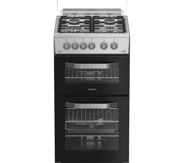 HDG5GCX 50 cm Freestanding Gas Cooker – Stainless Steel, Double Oven, Grill and 4 Burners, Enamel Pan Supports, Flame Failure Safety Device, Easy Clean Interior, Energy Efficient