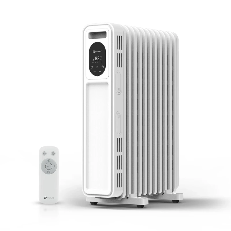 PureMate 2300W Oil Filled Radiator with Remote Control, 11 Fins, Digital Thermostat, Adjustable Heat Settings, Energy Efficient Electric Heater, 24H Timer, Overheat & Tip-Over Safety and Castor Wheels