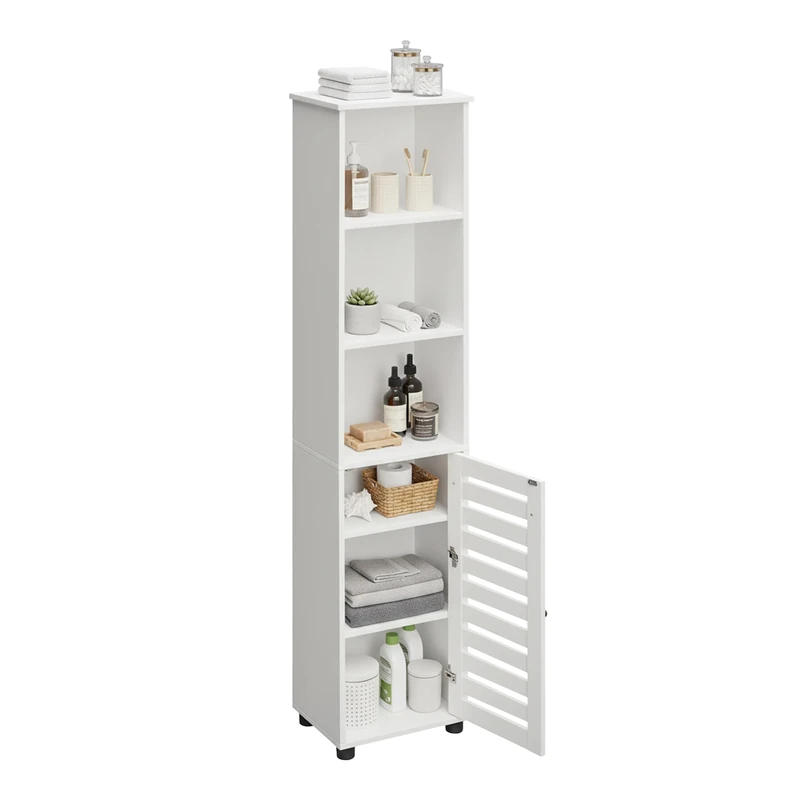 Relaxdays door, HWD: 167x30x40 cm, 6 shelves, narrow, bathroom tall cabinet, white, Fibreboard, Plastic, 167 x 30 x 40 cm