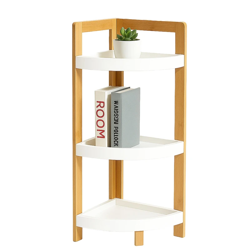 Relaxdays Bamboo Corner Shelf, 3 Half-Round Shelves, 77x23x23cm, Space-Saving Storage for Bath & Kitchen, Natural/White