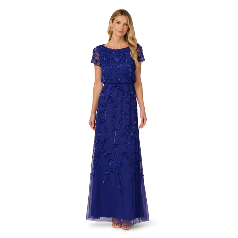 Adrianna Papell, Blouson Beaded Long Dress, Blue Multi, 10, Dark Blue Violet, 16