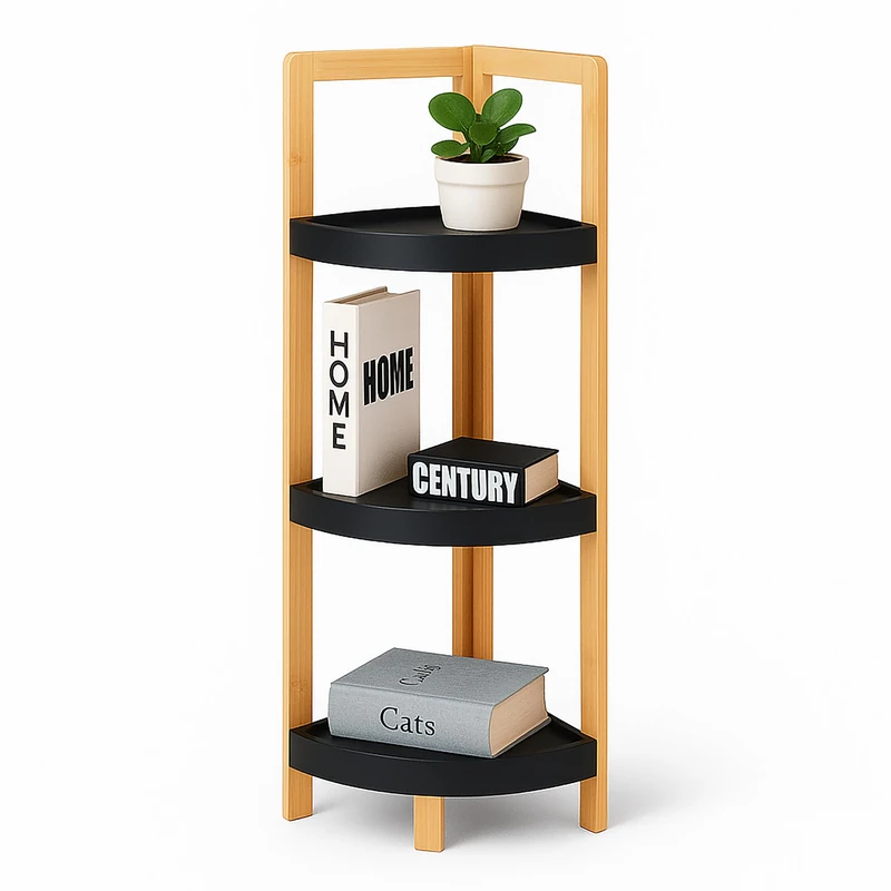 Relaxdays Bamboo Corner Shelf, 3 semi-circular shelves, HWD: 77x23x23 cm, space-saving for bathroom, natural/black