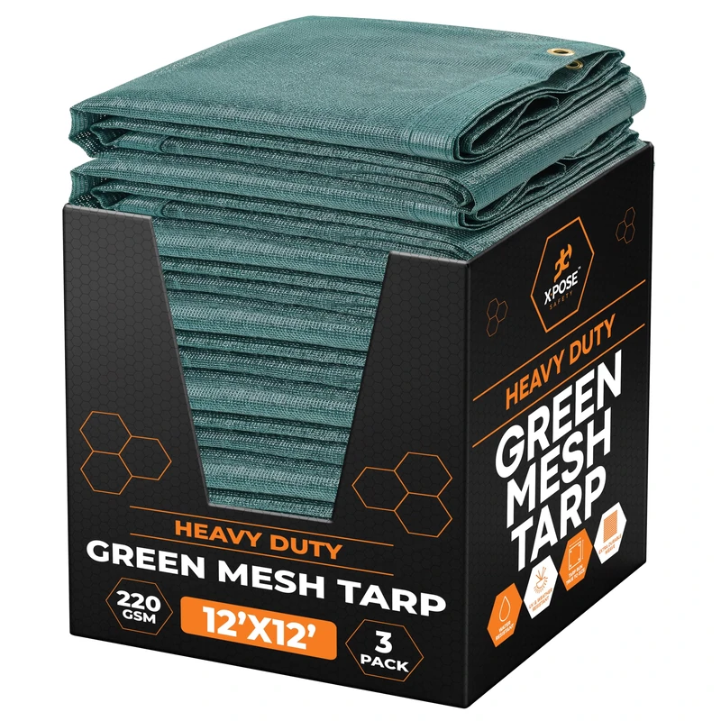 Xpose Safety Heavy Duty Green Mesh Tarp 12' x 12' (3-Pack) – 70% Sunblock Shade Cloth with Grommets for Garden, Fence, Privacy Screen, Canopies, Dump Trucks, Pool Cover – Tear & Weather Resistant
