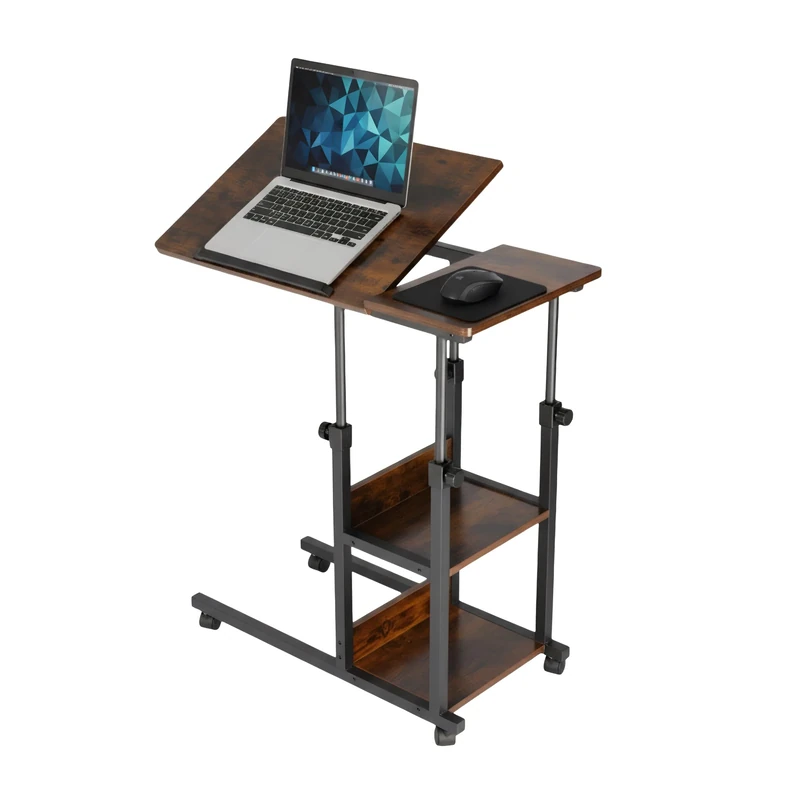 Relaxdays laptop desk, height adjustable 63-90 cm, tiltable, mobile table with wheels, 2 shelves, C-shape, brown/black