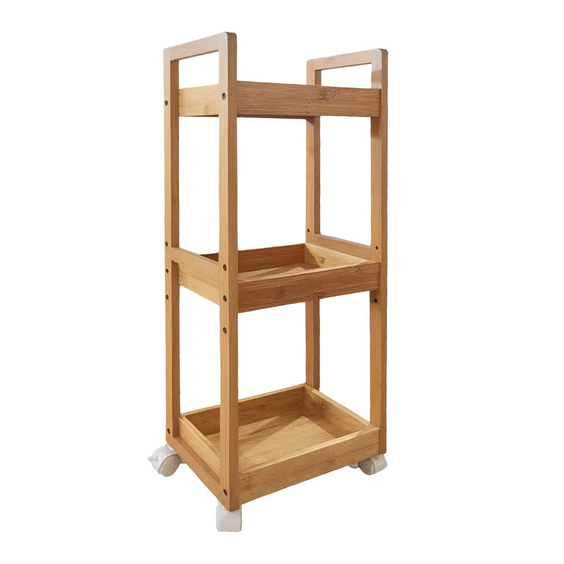 Relaxdays rolling cart, 3 shelves, bamboo, HxWxD: 80x30x20 cm, bathroom & kitchen, MDF, slim niche cart, natural