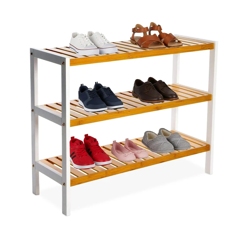 Relaxdays bamboo shoe rack, HxWxD: 55 x 70 x 26 cm, 3 tiers, holds 9 pairs, shoe stand with open shelves, natural/white