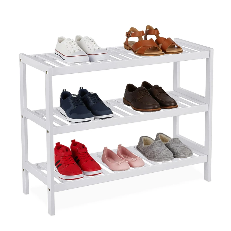 Relaxdays shoe rack, HxWxD: 55 x 70 x 26 cm, bamboo, 3 tiers, for 9 pairs of shoes, shoe stand with open shelves, white