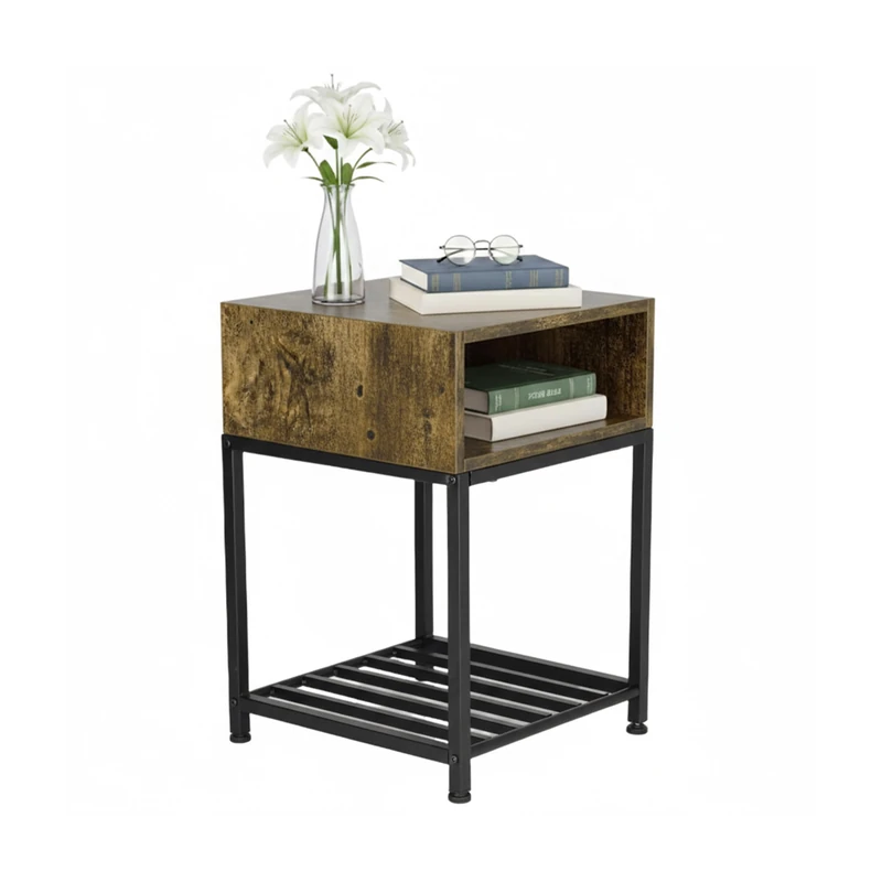Relaxdays bedside table, storage & shelf, HWD 58x40x40 cm, industrial style, wood look, metal, dark brown/black