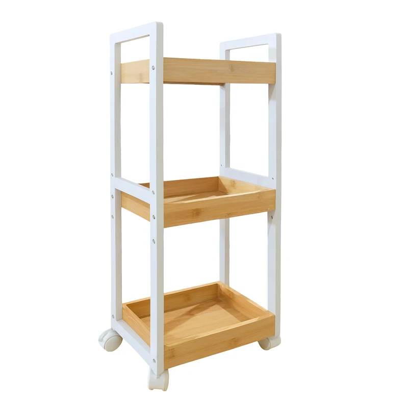 Relaxdays trolley, 3 shelves, bamboo, HWD: 80x30x20 cm, bathroom & kitchen, MDF, slim niche cart, natural/white