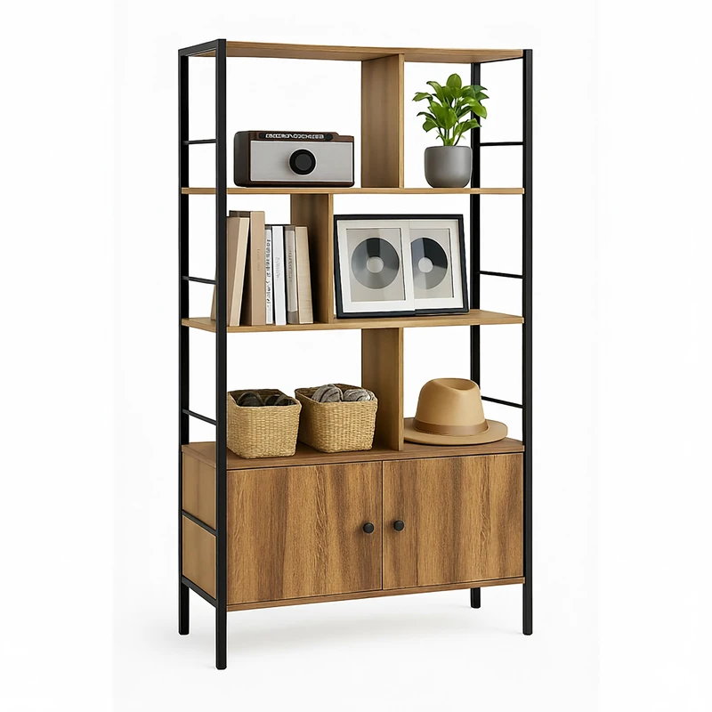 Relaxdays bookcase, HxWxD: 154.5 x 74 x 30 cm, 3 open shelves, shelf with under cabinet, industrial, brown/black