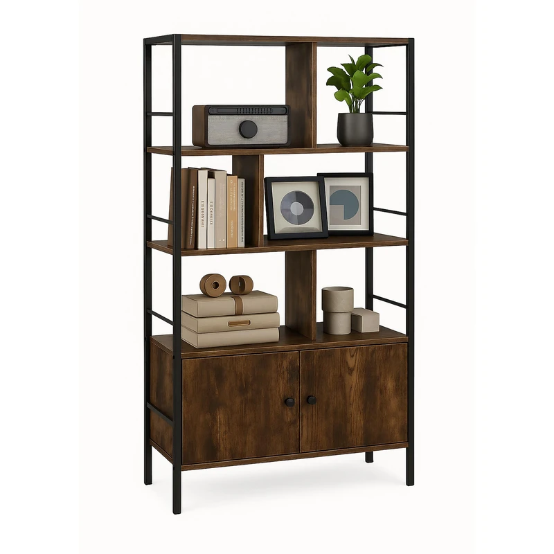 Relaxdays bookshelf, HWD: 154.5 x 74 x 30 cm, 3 open shelves, unit with lower cabinet, industrial, dark brown/black