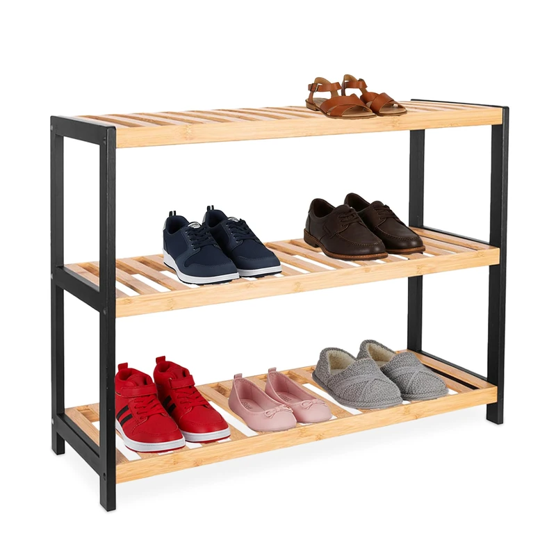 Relaxdays bamboo shoe rack, HxWxD: 55 x 70 x 26 cm, 3 tiers, holds 9 pairs of shoes, open shelf stand, natural/black