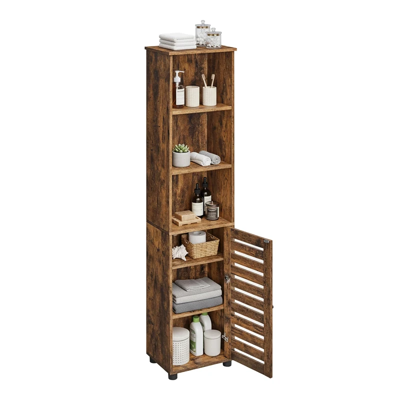 Relaxdays tall bathroom cabinet with door, HWD: 167x30x40 cm, 6 shelves, narrow design, ideal for small bathrooms, brown