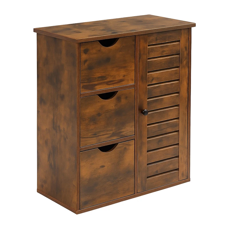 Relaxdays bathroom cabinet, HxWxD: 80 x 60 x 30 cm, 3 drawers & shelves, storage for bathroom, hallway, kitchen, brown