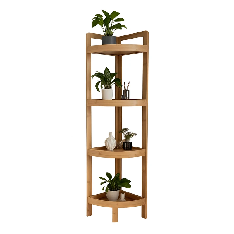 Relaxdays Bamboo Corner Shelf, 4 curved shelves, HWD: 105.5x23x23 cm, space-saving for bathroom & kitchen, natural