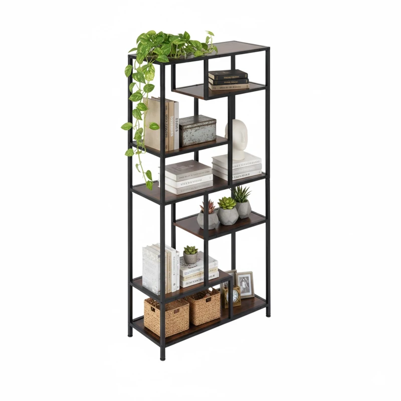 Relaxdays Bookshelf, HWD: 180 x 80 x 30 cm, 6 tiers, industrial design, wood look & metal, living room rack, brown/black