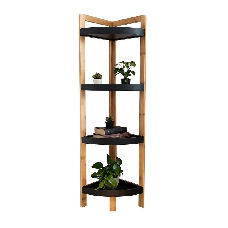 Relaxdays Bamboo Corner Shelf, 4 semi-circular shelves, HWD: 105.5x23x23 cm, space-saving, natural/black