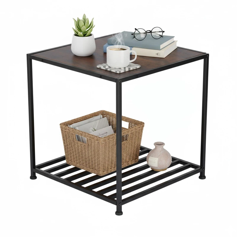 Relaxdays side table, with shelf, HWD: 50x50.5x50.5 cm, industrial, side table for living room & bedroom, metal, brown