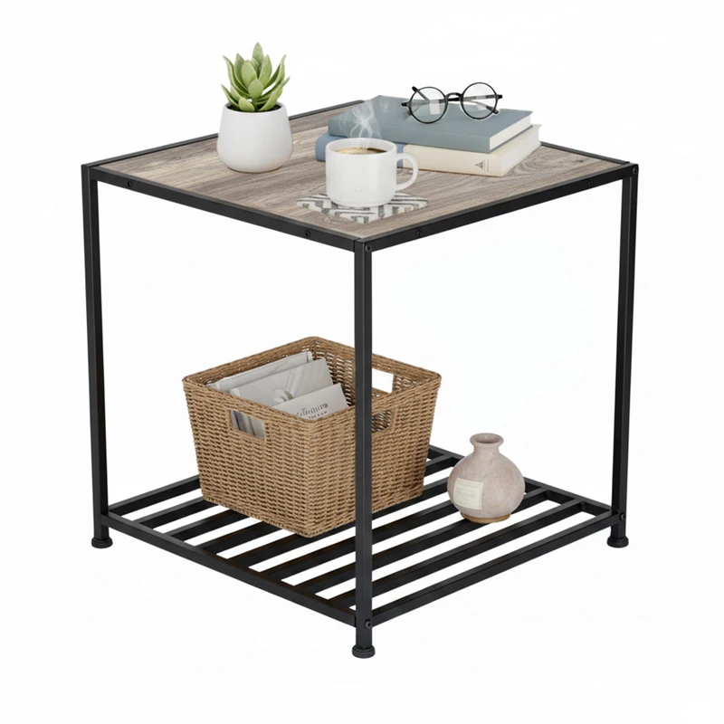 Relaxdays Side Table, with Shelf HWD: 50x50.5x50.5 cm, Industrial, End Table for Living Room & Bedroom, Metal, Grey