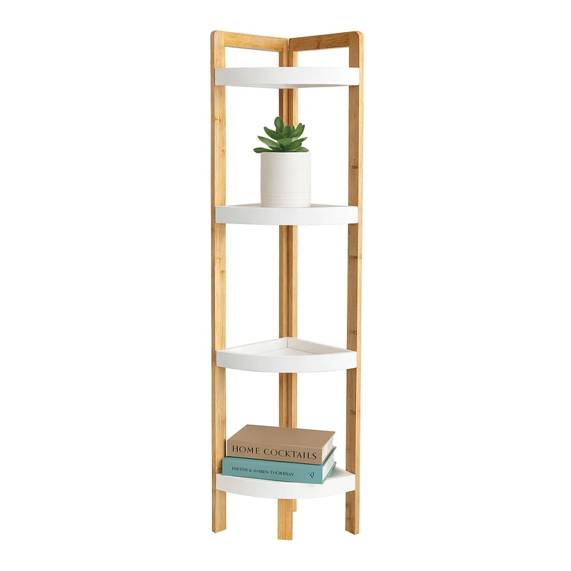 Relaxdays Bamboo Corner Shelf, 4 round shelves, HWD: 105.5x23x23 cm, space-saving for bathroom & kitchen, natural/white