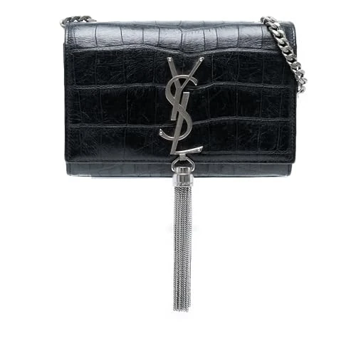 Yves Saint Laurent Pre-Loved Small Croc Embossed Leather Monogram Kate Tassel Crossbody Bag