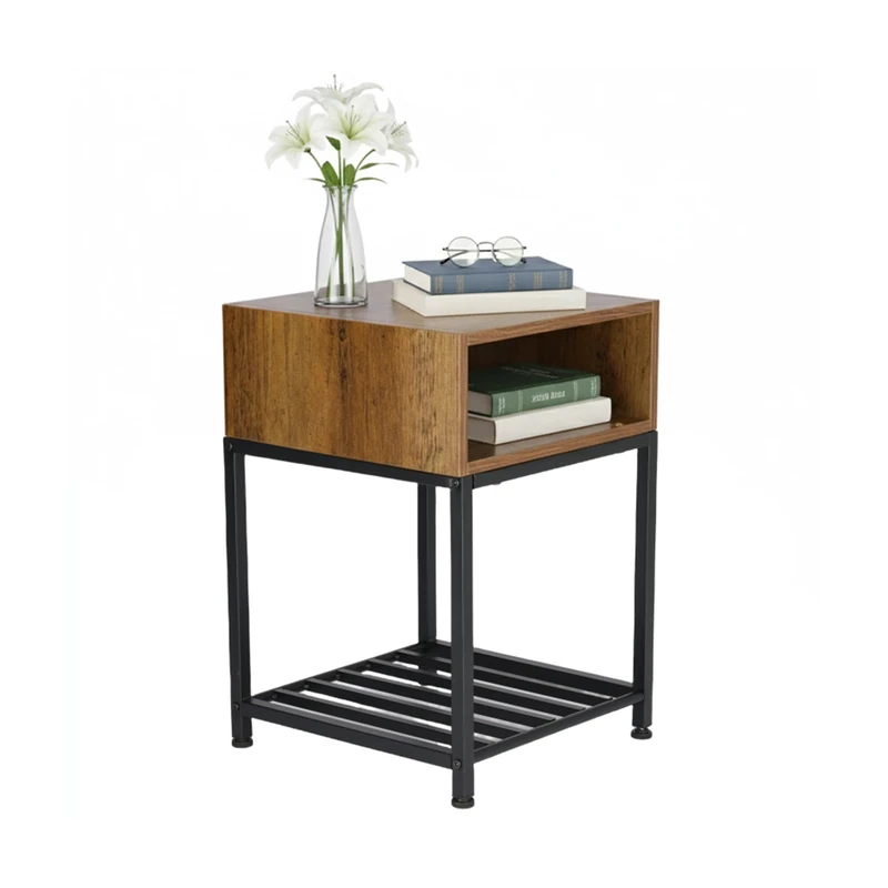 Relaxdays bedside table with storage & shelf, HWD: 58x40x40 cm, industrial style, wood effect, metal, brown/black
