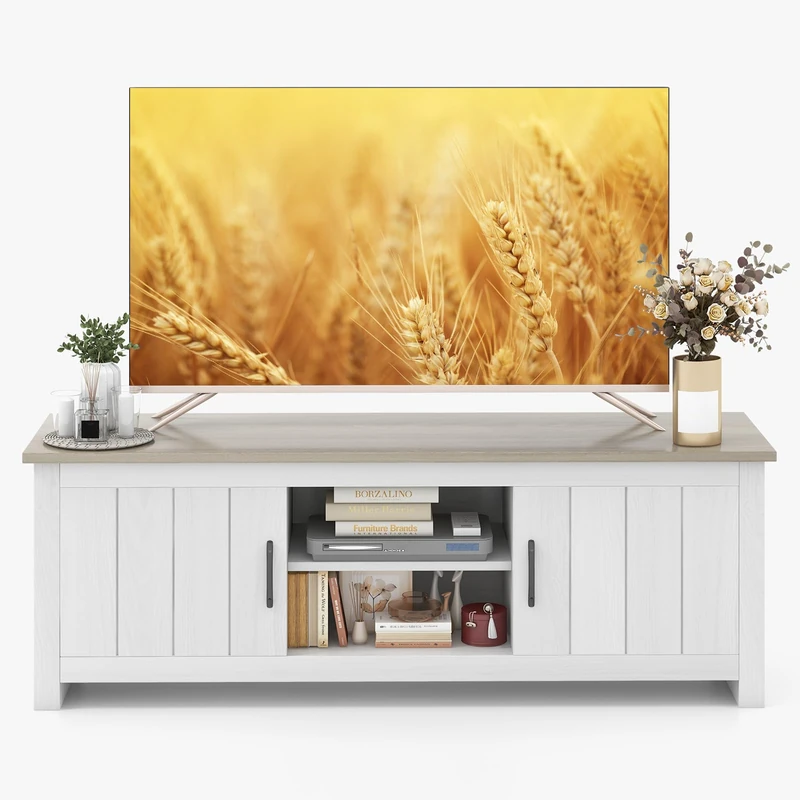 FANTASK TV Cabinet for TVs up to 65 Inches, TV Stand with 2 Doors and Open Shelves, Sturdy TV Cabinet with Large Storage Space for Living Room & Bedroom, 145 x 40 x 50 cm, White Grey