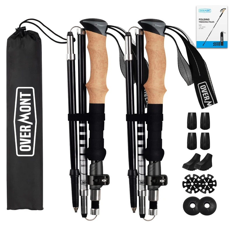 Overmont Collapsible Lightweight Trekking Poles – 2 Pack Carbon Fiber Hiking Sticks for Women Men – All Terrain Accessories and Carry Bag for Camping Hiking Mountaineering - Black