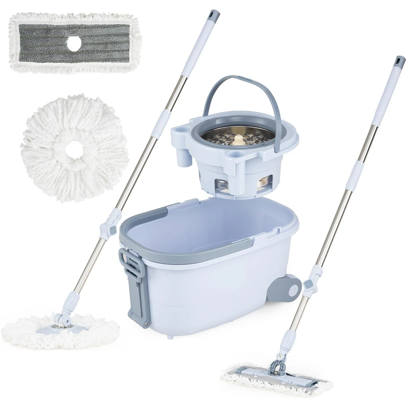 FANTASK Mop and Bucket, Mop and Bucket System with Wring Function, Waste Water Separation, 360° Rectangular and Round Mop Heads, Complete Mop Set for Wet and Dry Cleaning (Blue) - Image 1