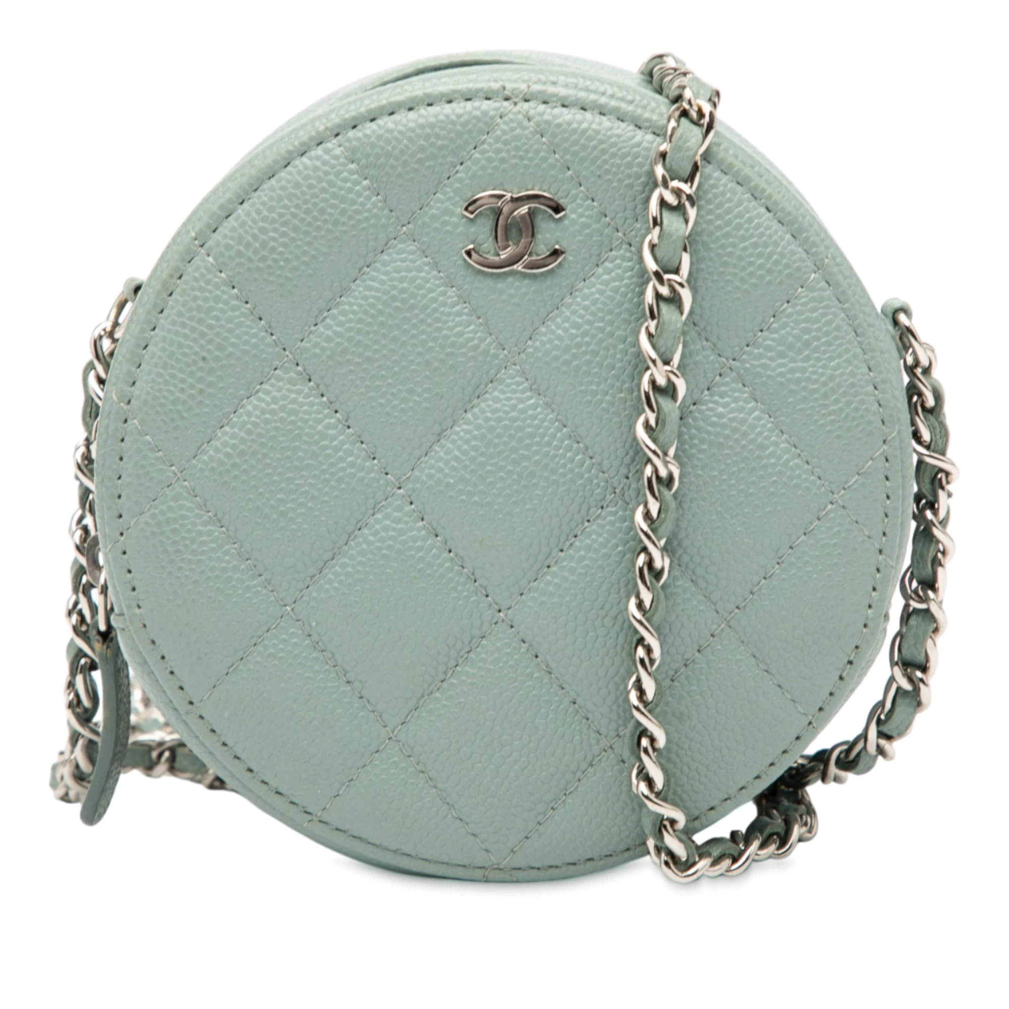 Pre-Loved CC Quilted Caviar Round Clutch With Chain