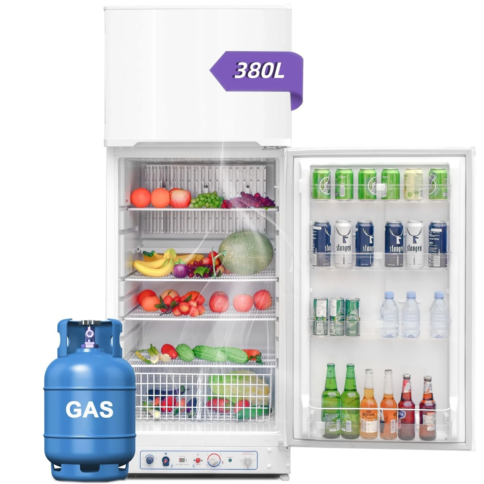 Smad Gas Fridge Freezer 380L (287+93), 2 Way Camping Fridge-Gas/240V, Quiet Refrigerator for Holiday Homes, Garages, Camping, Mobile Homes, White