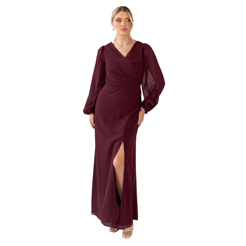 Anaya with Love Women's Maxi Dress Ladies Recycled Faux Wrap V-Neck Long Blouson Sleeve Gathered Draped Skirt Split A-line Occasion Wear, Maroon 6