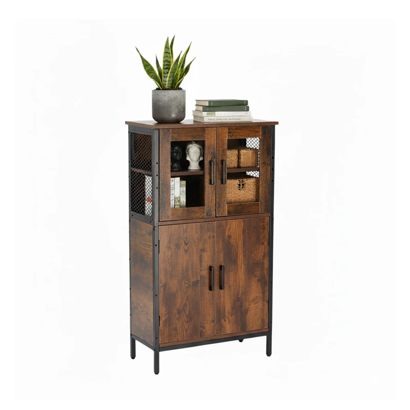 Relaxdays Industrial Kitchen Cupboard, Tall Unit with Glass Doors HWD 108x60x30 cm, Slim Display Unit, Wood Look, Brown
