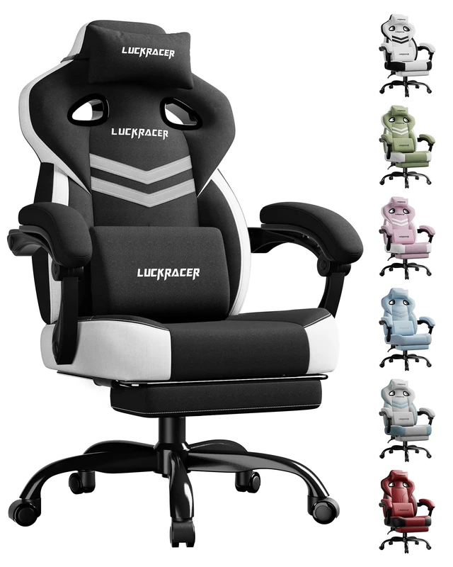 LUCKRACER Fabric Gaming Chair with Footrest, Ergonomic Computer Desk Chair with Pocket Spring Cushion Home Office High Back Support Lumbar Support Heavy Duty Wide, Black