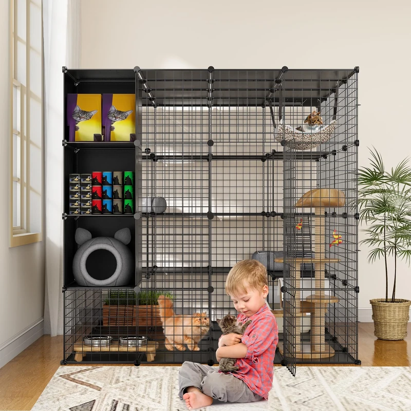 YITAHOME Large 4-Tier Cat Cage with Storage Cube, 140 x 140 x 140 cm DIY Indoor Animal Enclosure/Catio, Metal Cat Playpen with Extra Large Hammock, Suitable for 1-4 Rabbits, Ferrets, Chinchillas
