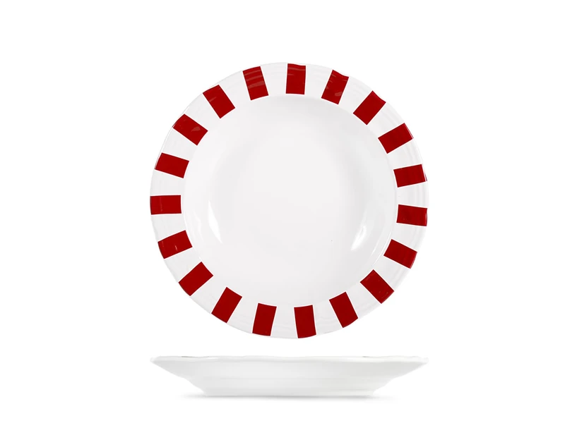 H&H Set of 6 Ruby Stoneware Soup Plates – Diameter 20 cm – White and Red Stripes Decoration – Dishwasher and Microwave Safe, Christmas Design - Image 1