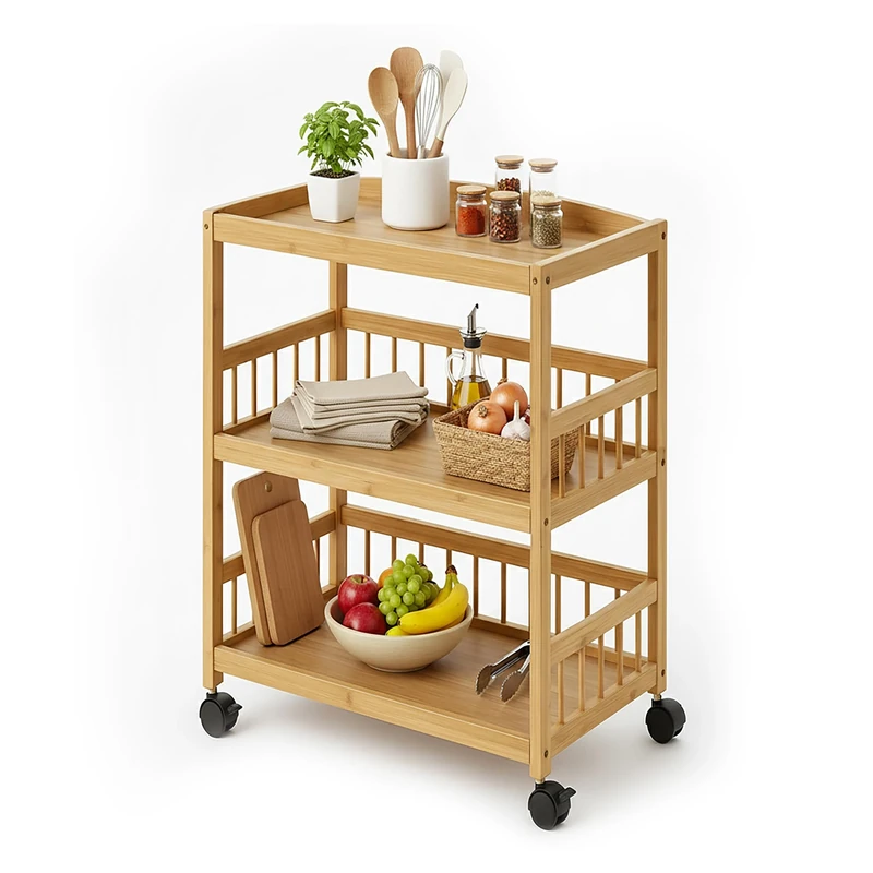 Relaxdays bamboo kitchen trolley, 3 shelves for spices and supplies, HxWxD: 80 x 53 x 30 cm, slim design, natural