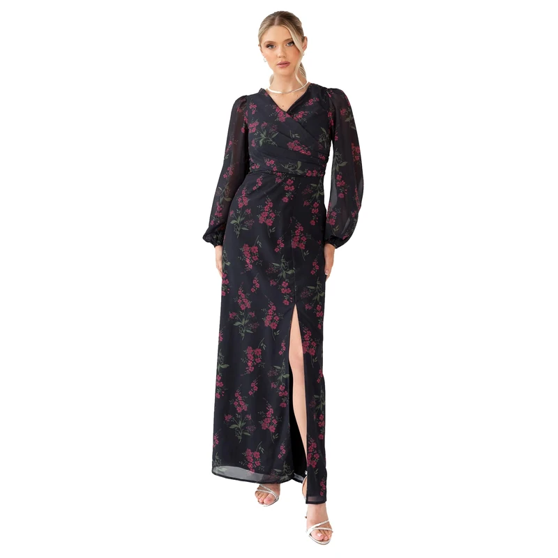 Anaya with Love Women's Maxi Dress Ladies Recycled Faux Wrap V-Neck Long Blouson Sleeve Gathered Draped Skirt Split A-line Occasion Wear, Black Floral Print 16