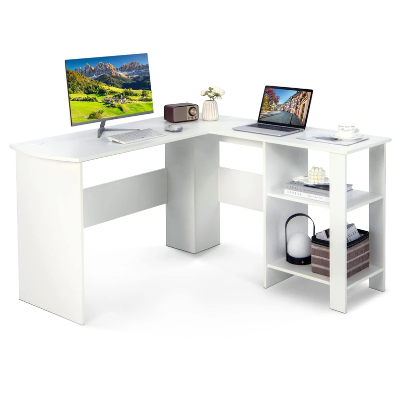 SFAREST 130CM Large L-Shaped Computer Desk, Heavy-Duty Corner Desk with Storage Shelves, Wooden Executive Workstation and Home Office Table for Work Study Writing Gaming(White,130 x 130 x 74cm)