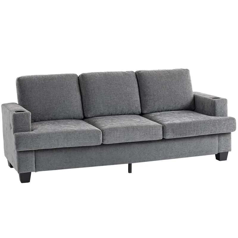 HOMCOM 3 Seater Sofa with USB Ports & Cup Holders, 213 cm Modern Chenille-Feel Fabric Sofa with Thick Padded and Steel Frame, Upholstered Settee for Living Room, Bedroom, Home Office, Grey