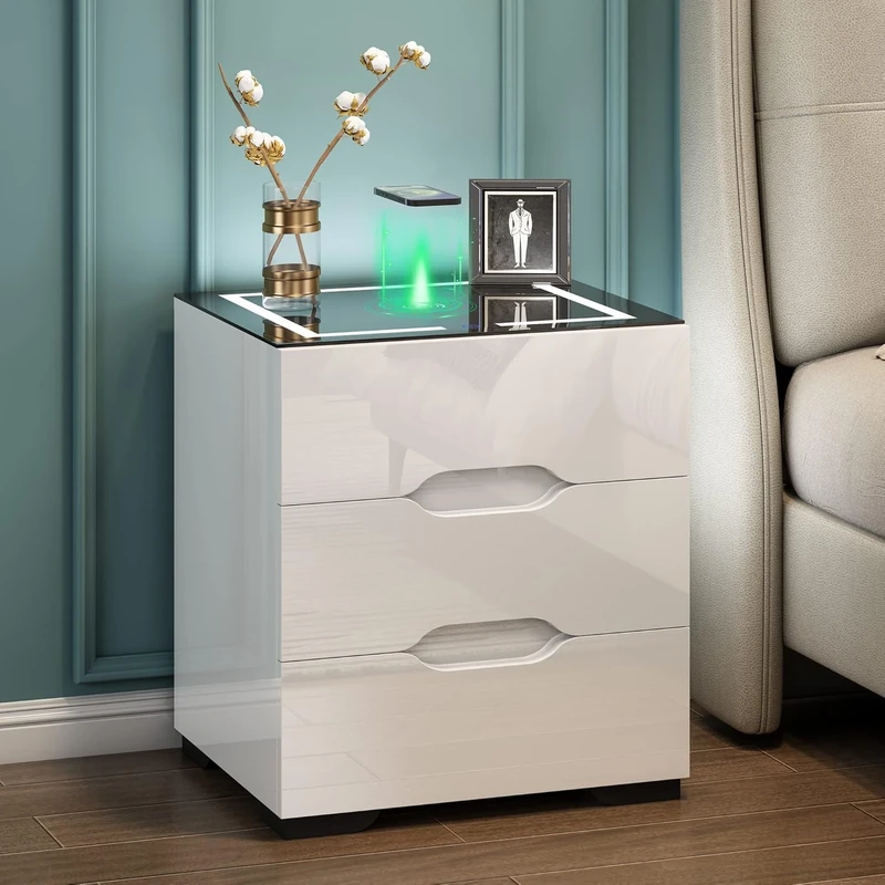 Feonase Smart Bedside Table with Wireless Charging and USB Ports, LED Nightstand with High Gloss Finish, Organiser for Bedroom and Living Room (White)