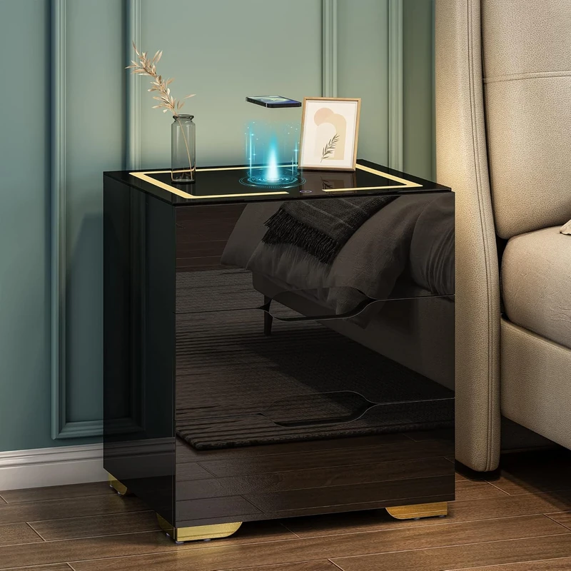Feonase Smart Bedside Table with Wireless and USB Charging, LED Nightstand, High Gloss End Table Organiser for Living Room and Bedroom (Black)