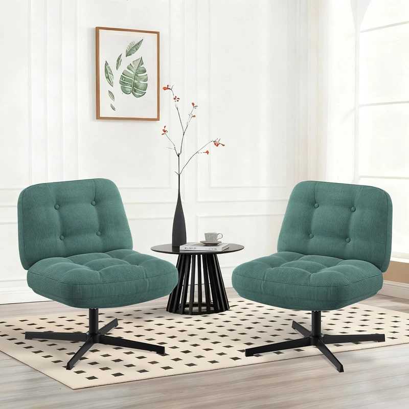 COLAMY Wide Seat Cross Legged Home Office Chair – Thick Padded Corduroy Desk Chair with Metal Base, Armless Criss Cross Chair Swivel Computer Chair for Study or Living Room