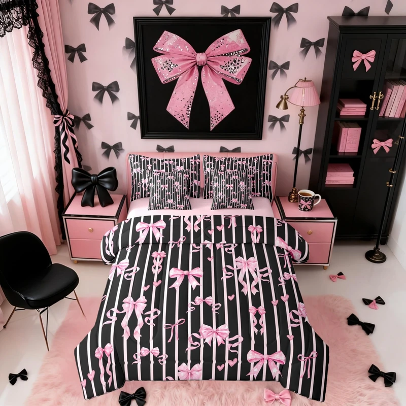 Erosebridal Pink Bowknot Comforter Set 7 Piece Full Kawaii Girly Bows Bedding Set Princess Butterfly Knot Bed in A Bag with Sheets for Kids Girls Women Bedroom Decor,Preppy Trendy Black Bed Set