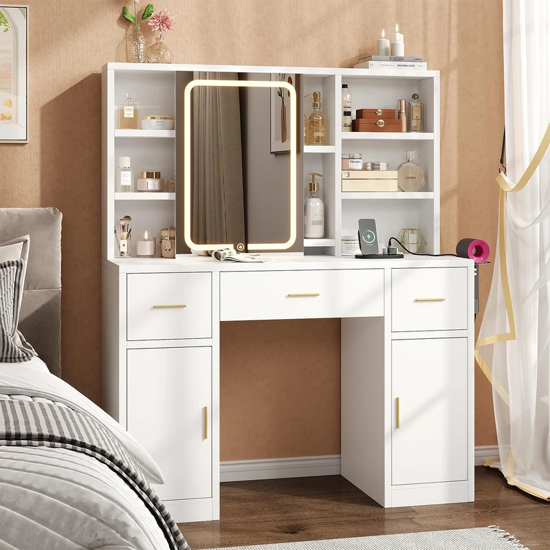 Dressing Table with Sliding Mirror and LED Lights, Modern Makeup Vanity Desk with Charging Station, Hairdryer Holder, 7 Shelves, 3 Drawers & 2 Cabinets, Vanity Table with Hidden Storage for Bedroom