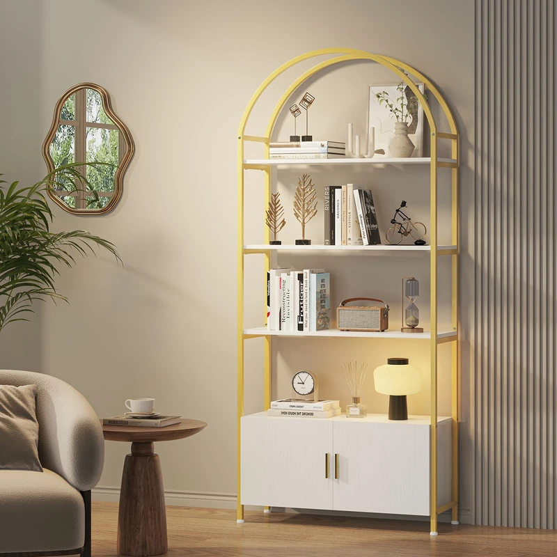 Feonase Arched Book Shelf, Bookcase with Doors Storage, 180cm Tall Bookshelf with Sturdy Metal Frame, E1 Quality Boards, Freestanding Display Shelving Unit Living Room, (White Gold)