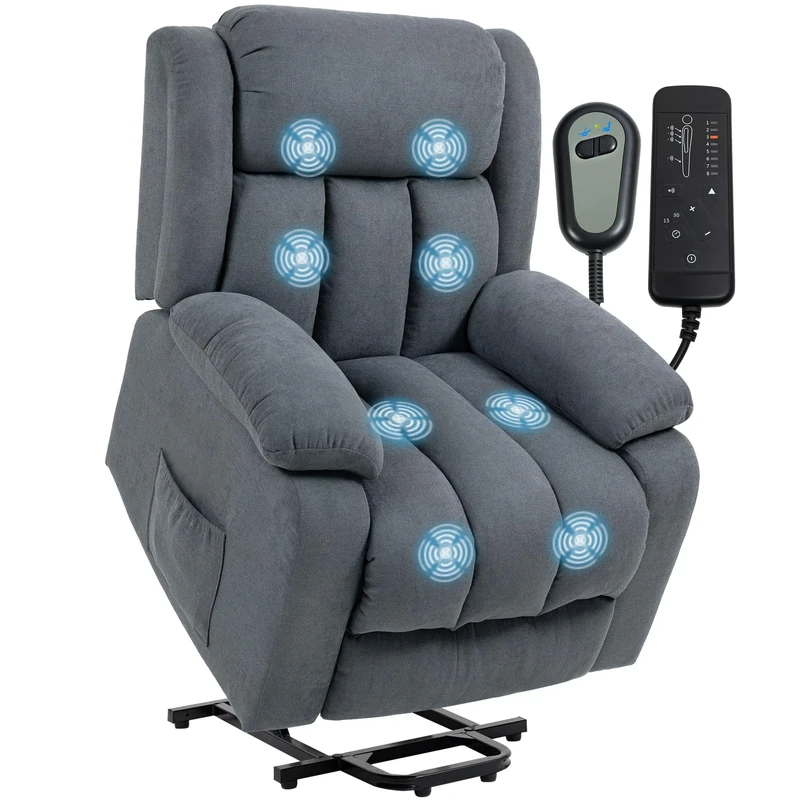 HOMCOM Power Lift Recliner Chair with Massage, Linen Overstuffed Lift Chair for Elderly, Electric Recliner Armchair with Footrest, Remote Control and Side Pocket, for Living Room, Grey