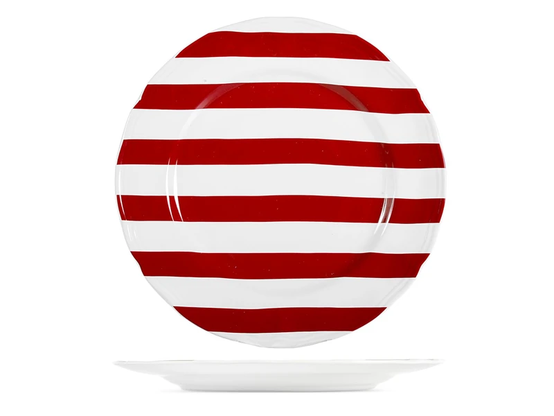 H&H Set of 6 Ruby Stoneware Dinner Plates - Diameter 27 cm - White and Red Stripes Decoration - Dishwasher and Microwave Safe, Christmas Design