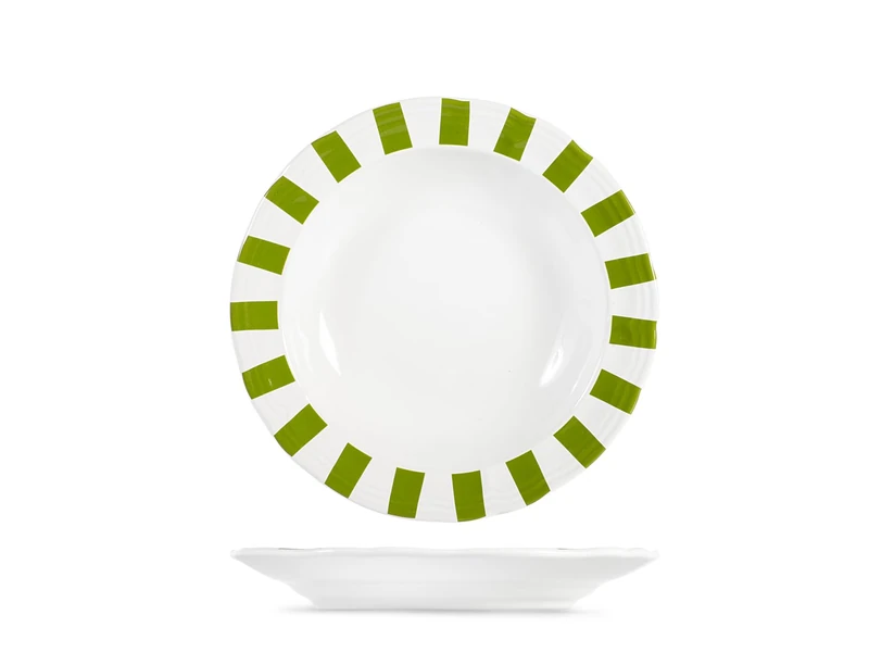 H&H Set of 6 Emerald Stoneware Soup Plates – Diameter 20 cm – White and Green Stripes Decoration – Dishwasher and Microwave Safe