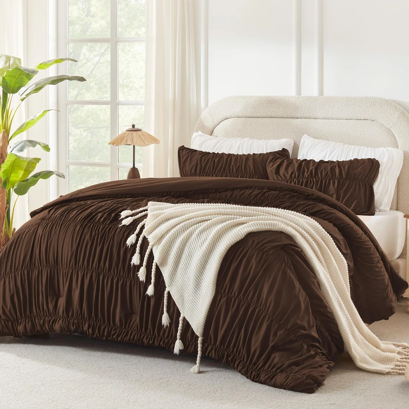 Andency Ruched Brown King Size Comforter Set, Shabby Chic Pleated Bedding Sets 3 Pieces, Lightweight Soft Boho Ruffle Bed Set for Girls, Kids, Women, All Season
